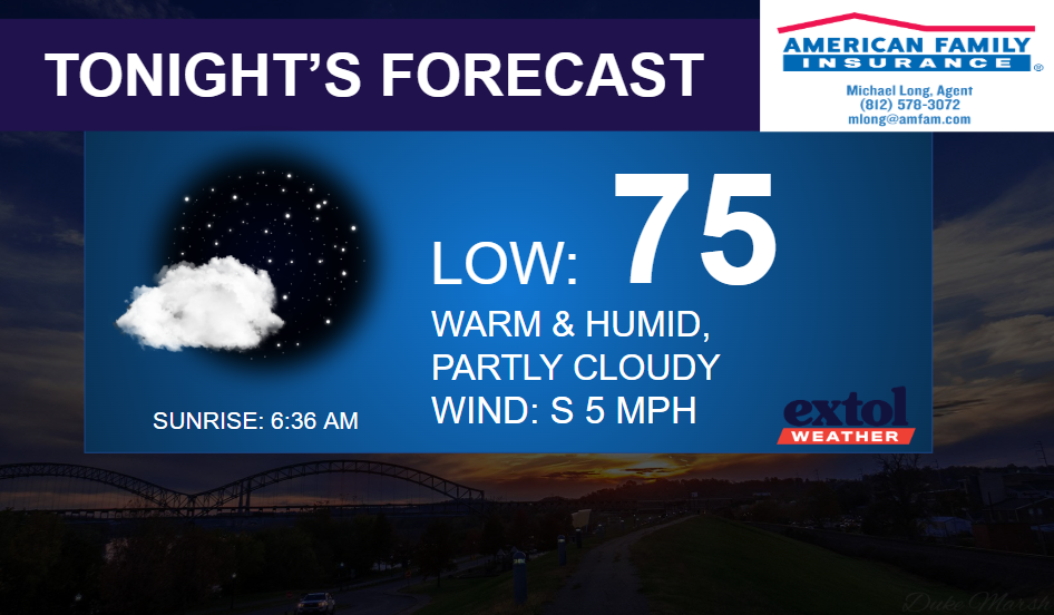 Tonight's forecast banner: low 75, warm and humid, partly cloudy with a moon-and-cloud icon; sunrise 6:36 AM; wind S 5 mph (Extol Weather).