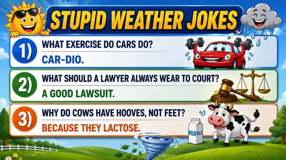 Bright banner titled'Stupid Weather Jokes' showing three jokes in colored panels about cars, lawyers, and cows with playful illustrations beneath a sunny sky.