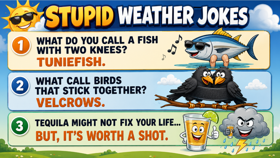 Bright kids' poster titled 'Stupid Weather Jokes' with three weather-themed jokes and colorful illustrations of a fish, two crows, and a glass of tequila.