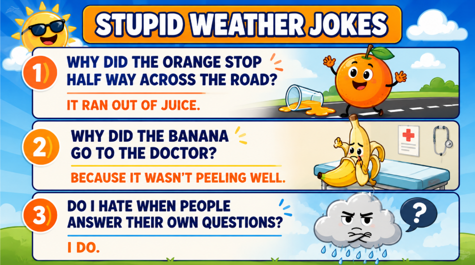 jokes - Extol Media Kids' weather jokes infographic with three jokes: 1) orange ran out of juice, 2) banana went to the doctor because it wasn't peeling well, 3) I do hate when people answer their own questions.