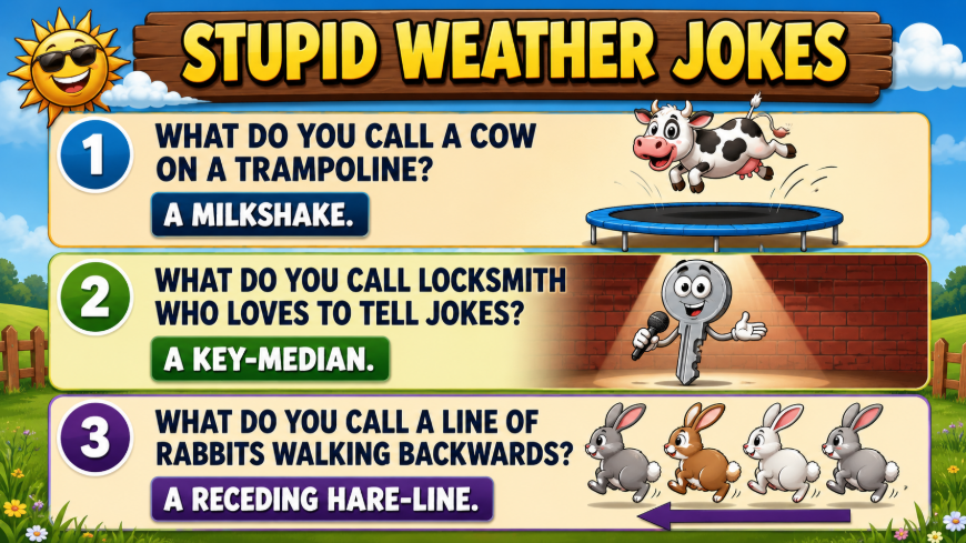 Infographic 'Stupid Weather Jokes' showing three jokes with punchlines: 1) A milkshake; 2) A key-median; 3) A receding hare-line, with illustrations of a jumping cow, a joke-telling locksmith, and a line of rabbits.