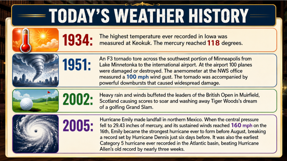 Today's Weather History timeline: 1934 Keokuk, Iowa hits 118°F; 1951 Minneapolis tornado with 100 mph gust; 2002 strong winds at Muirfield; 2005 Hurricane Emily, 160 mph in northern Mexico.