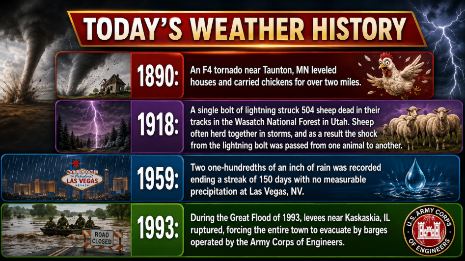 Infographic titled Today's Weather History showing four historical weather events: 1890 tornado near Taonton, MN leveling houses and carrying chickens for over two miles.
