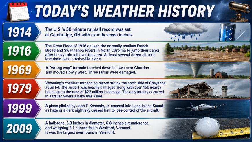 Infographic titled Today's Weather History showing notable weather events from 1914 to 2009 with photos illustrating each year.