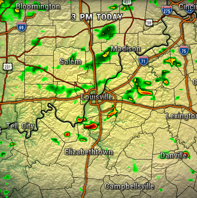 Weather radar map at 3 PM today centered on Louisville, showing scattered thunderstorms (green to red) near Madison, Salem, and Elizabethtown, with heavier storms southeast and west of the metro area.