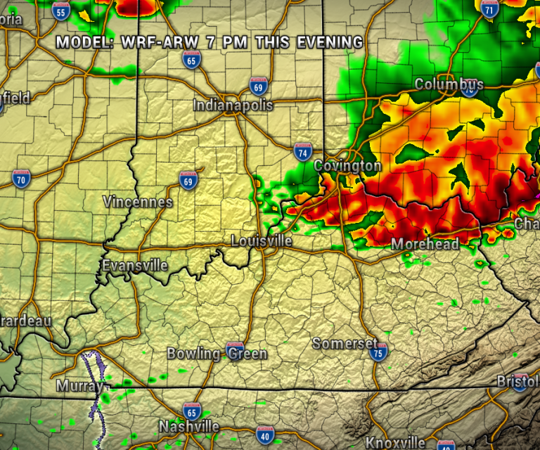 Radar map showing heavy storms east of Louisville and Covington, with red/yellow areas and green surrounding lighter rain. Mostly clear west of Louisville.
