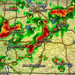 Weather radar at 8 PM showing storms across southern Indiana and western Kentucky, with red/orange bands near Vincennes, Louisville, and Florence indicating heavy rain