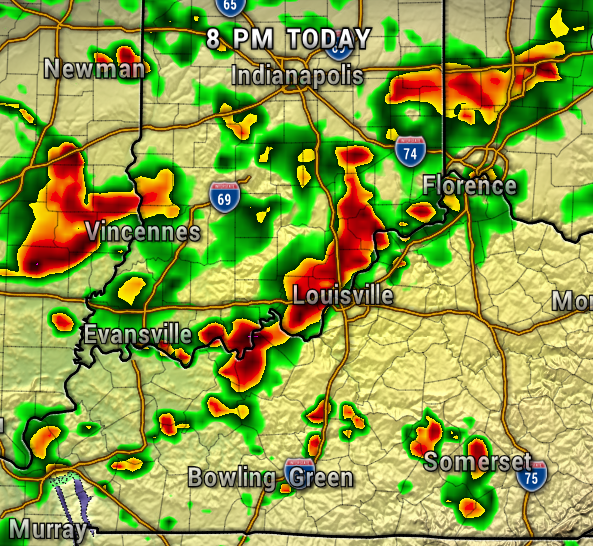 Weather radar at 8 PM showing storms across southern Indiana and western Kentucky, with red/orange bands near Vincennes, Louisville, and Florence indicating heavy rain