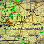 Weather radar map of Indiana and Kentucky with scattered storms near Louisville and Indianapolis; caption reads 'FEW POP-UP STORMS THIS AFTERNOON'.