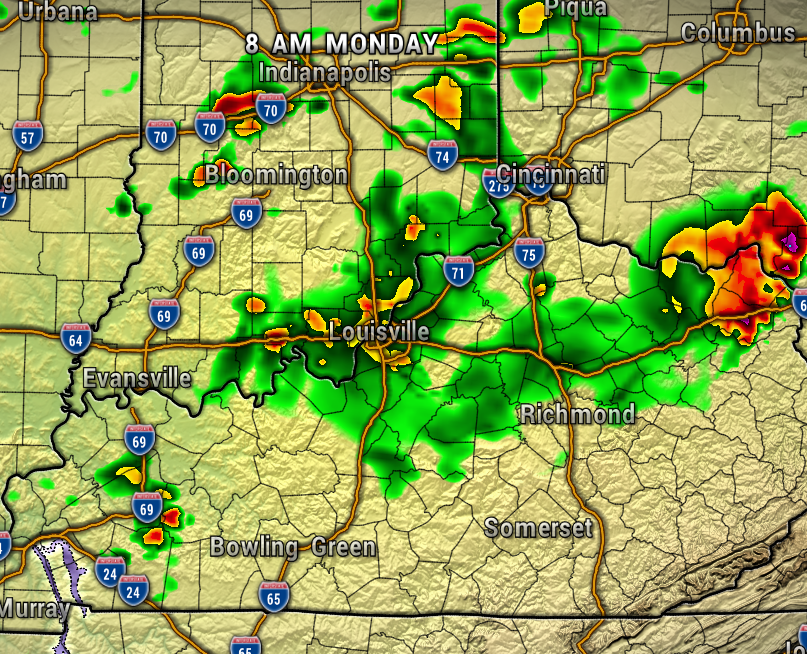MAP - Extol Media Weather radar map at 8 AM Monday showing scattered rain from Indianapolis through Louisville to Cincinnati, with heavier storms in eastern Kentucky and nearby areas.