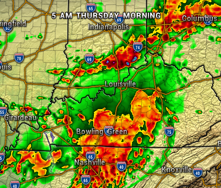 Radar map of heavy storms around Nashville, Bowling Green, Louisville; red/orange indicate intense rain, green lighter rain; time: 5 AM Thursday Morning.