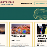 Three ticket options card-based layout: Admission, Thrill Ville, and World’s Championship Horse Show with starting prices per person ($12, $30, $8) and brief descriptions.