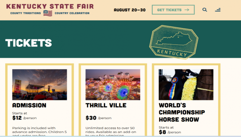Three ticket options card-based layout: Admission, Thrill Ville, and World’s Championship Horse Show with starting prices per person ($12, $30, $8) and brief descriptions.