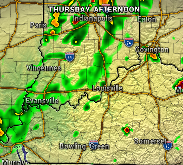 Weather radar map showing scattered rain showers and thunderstorms around Indianapolis and Louisville on Thursday afternoon, with green to red precipitation echoes across central Kentucky and southern Indiana.