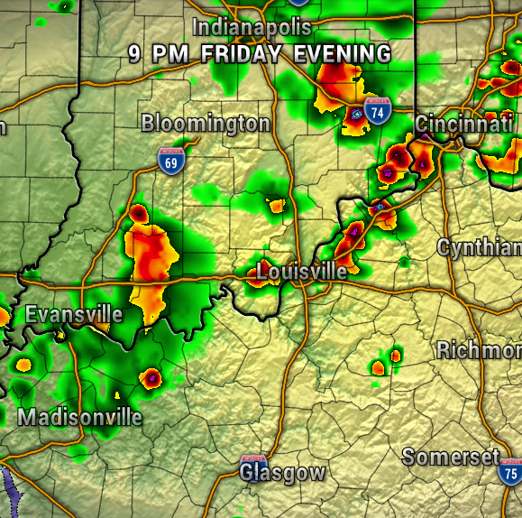 Radar map at 9 PM Friday evening showing scattered thunderstorms around Louisville, Cincinnati and Evansville with heavy rain cells.
