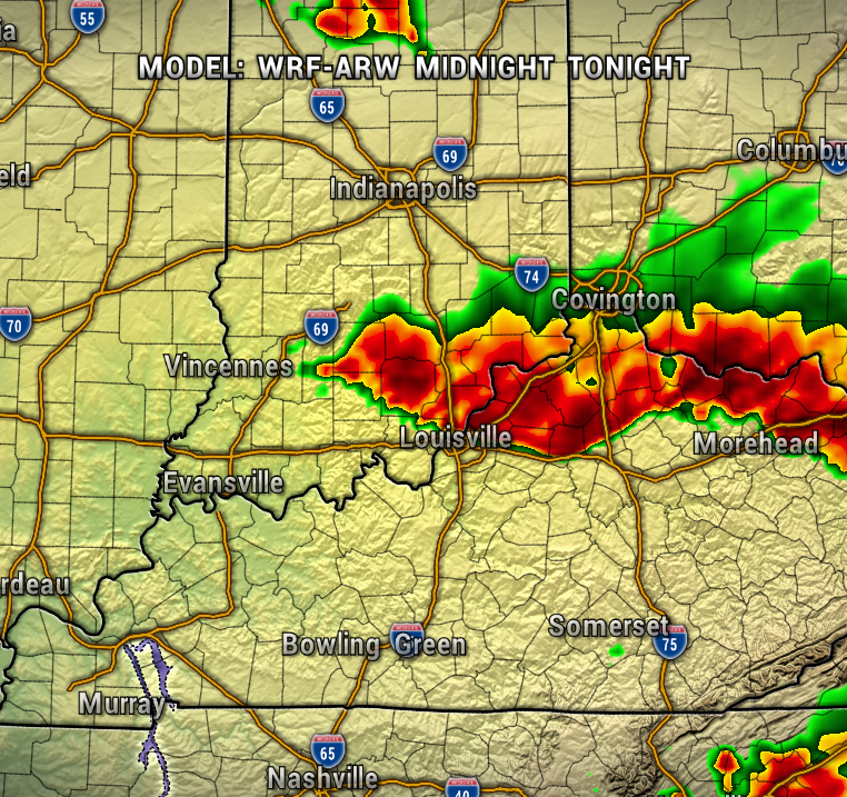 Weather radar map showing scattered heavy storms red and orange bands east and southeast of Louisville, with green lighter precipitation nearby along I-65 and I-64 corridors.
