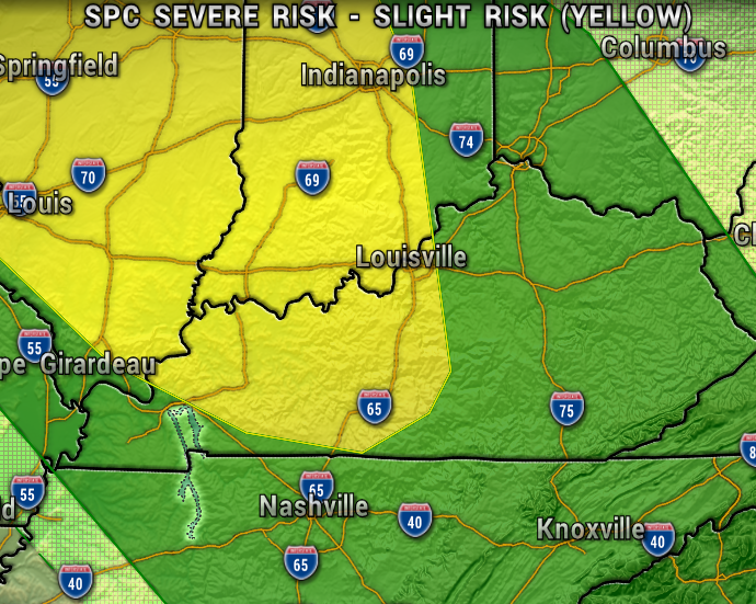 MAP2 - Extol Media Weather map showing SPC severe weather risk: yellow area indicates slight risk centered near Louisville, with Indianapolis to the north and Nashville to the south; surrounding green regions indicate lower risk.