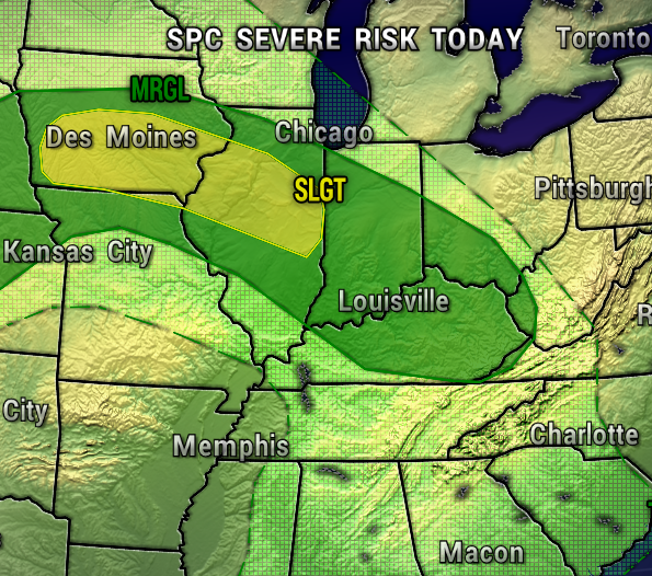MAP2 - Extol Media Weather map of today’s SPC severe risk areas showing SLGT near Chicago–Louisville and MRGL near Des Moines; green shading covers Kentucky, Missouri, Illinois region.