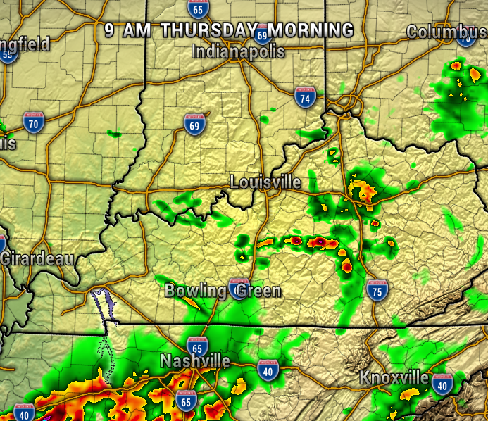 9 AM Thursday weather radar over KY/TN showing rain near Louisville and Nashville, with heavier pockets (yellow/red).