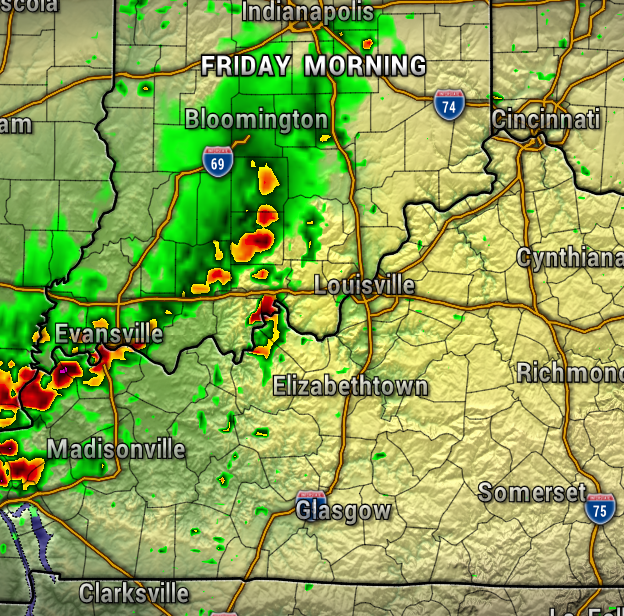 Weather radar map labeled Friday Morning showing scattered storms west of Bloomington, with heavy red/yellow areas near Evansville and Louisville; green indicates rain.