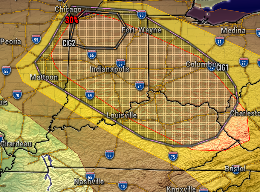 Weather alert map with a yellow hazard area covering central Indiana and nearby states, including Indianapolis, Louisville, and Columbus, outlined by a polygon boundary.