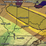 Weather map showing Tuesday's severe wind risk area across central Midwest and Ohio Valley, highlighted in yellow the corridor from Chicago to near Louisville and Indianapolis to the southeast coast.
