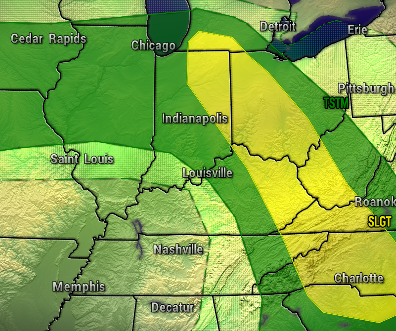 MAP3 - Extol Media Weather map with a yellow risk band over Indiana and Kentucky, green background for surrounding areas, and city labels like Indianapolis and Louisville.