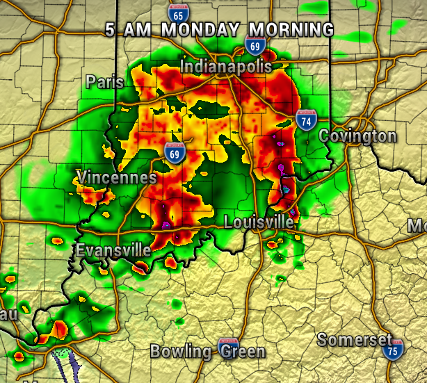 Weather radar map at 5 AM Monday showing a strong storm near Indianapolis, with red/orange bands moving toward Louisville and green areas indicating lighter rain.