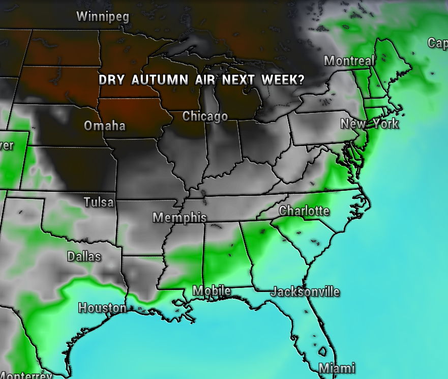 Weather map showing potential dry autumn air next week across the central and eastern U.S., with cities like Chicago, Memphis, Dallas highlighted and green rain areas off the Gulf Coast.