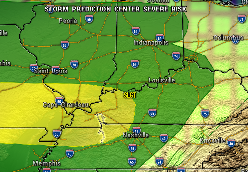 Weather risk map showing green and yellow zones across Missouri, Illinois, Kentucky and Tennessee with cities like St. Louis, Nashville, Louisville, and Indianapolis labeled and interstates marked.