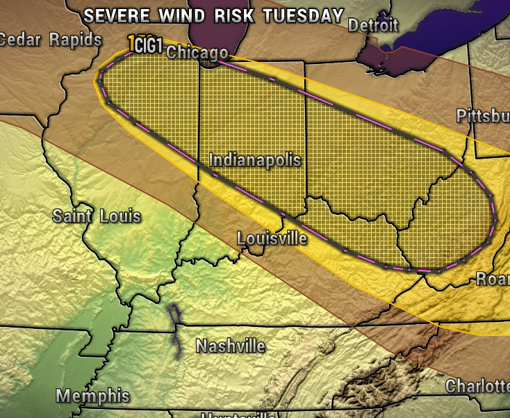 Weather map showing Tuesday's severe wind risk area across central Midwest and Ohio Valley, highlighted in yellow the corridor from Chicago to near Louisville and Indianapolis to the southeast coast.
