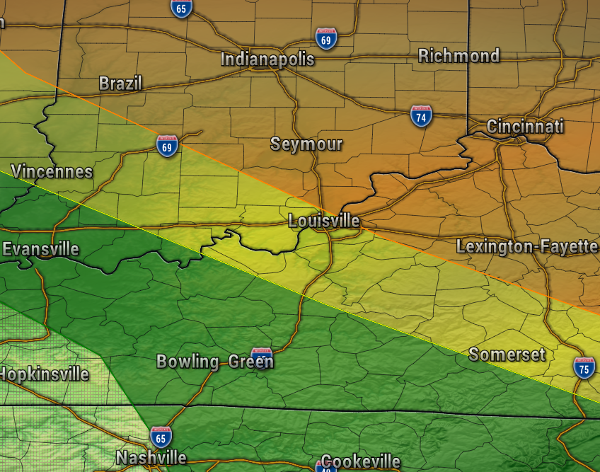 Radar-style regional map of Kentucky, southern Indiana, and nearby states with color bands (orange, yellow, green) indicating different weather or hazard zones; key cities shown include Louisville, Lexington-Fayette, Seymour, Indianapolis, Cincinnati, Nashville, and Bowling Green.