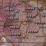 Heat map of southern Indiana and northern Kentucky showing current temperatures in Fahrenheit, e.g., 108.0F near Evansville, 104.0F near Bowling Green, and 107.0F near Murray.