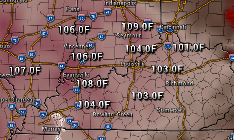 Heat map of southern Indiana and northern Kentucky showing current temperatures in Fahrenheit, e.g., 108.0F near Evansville, 104.0F near Bowling Green, and 107.0F near Murray.
