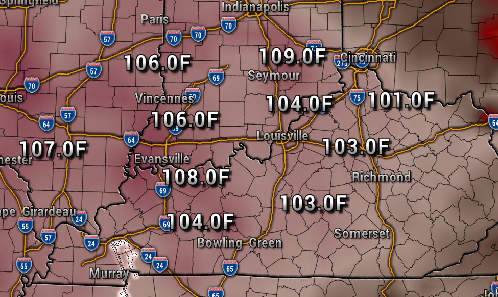 Heat map of southern Indiana and northern Kentucky showing current temperatures in Fahrenheit, e.g., 108.0F near Evansville, 104.0F near Bowling Green, and 107.0F near Murray.