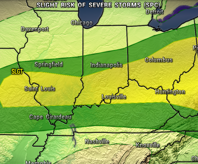 MAP4 - Extol Media Weather map showing a Slight Risk of Severe Storms (SPC) across parts of Illinois, Indiana, Kentucky, Missouri and nearby areas, with green and yellow shading and city labels such as Indianapolis, Springfield, Louisville, Cincinnati area, and Nashville.