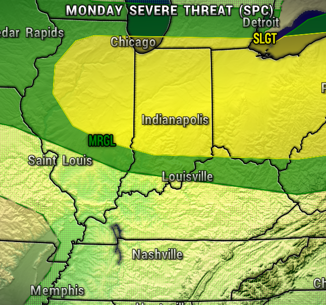 Forecast map showing Monday severe weather threat; yellow area over Indiana and surrounding region, with green marginal risk bands and city labels like Indianapolis, Louisville, Nashville.