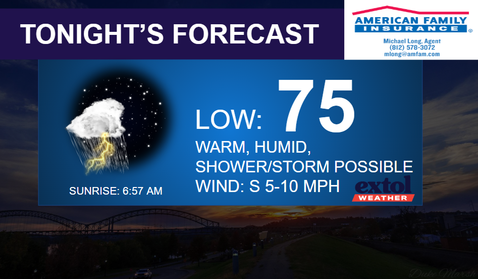 TONIGHT - Extol Media Tonight's forecast banner: low 75 with warm, humid conditions and possible showers/thunderstorms; sunrise 6:57 AM.