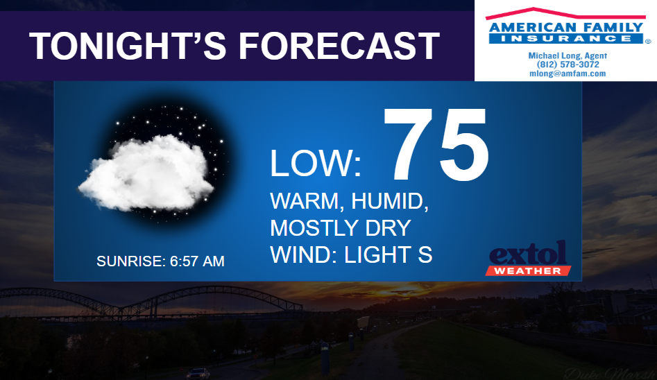 TONIGHT - Extol Media Tonight's forecast banner: low 75°F, warm and humid, mostly dry, wind from the south; sunrise 6:57 AM; moon with a cloud graphic and sponsor logos.