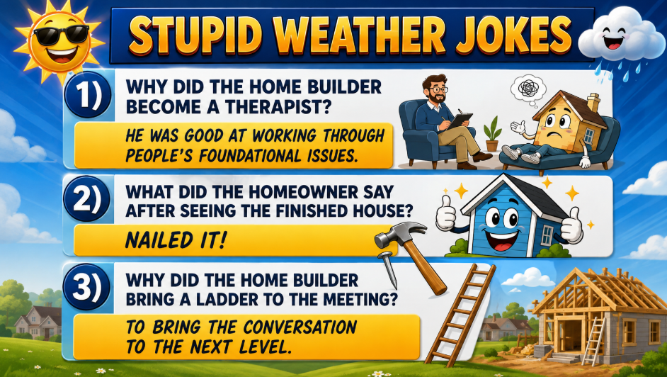 Joke 1: 'Why did the home builder become a therapist?' He was good at working through people's foundational issues.