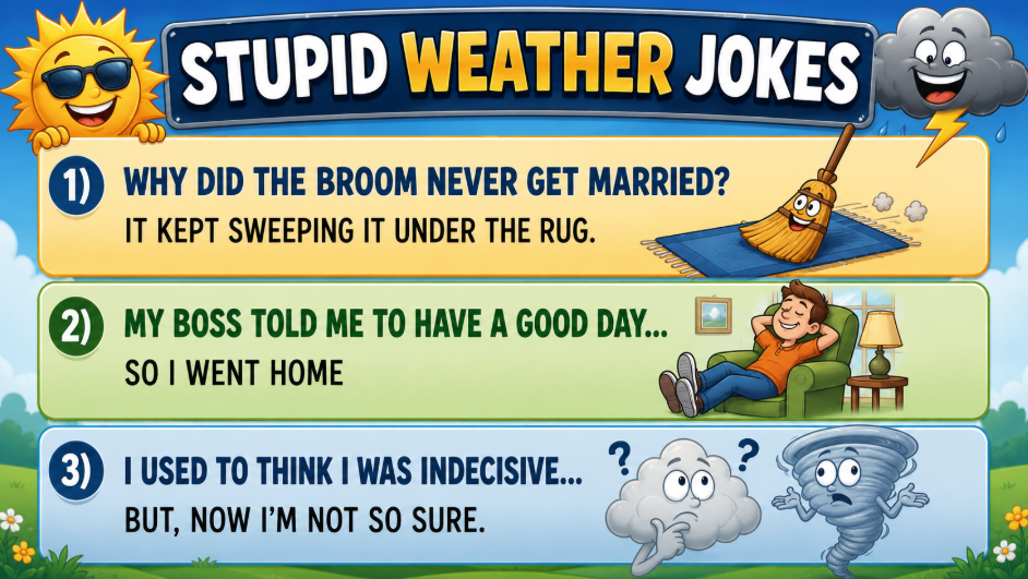 Colorful kids' poster titled 'Stupid Weather Jokes' showing three weather-themed joke panels with cartoon characters and sunny background.
