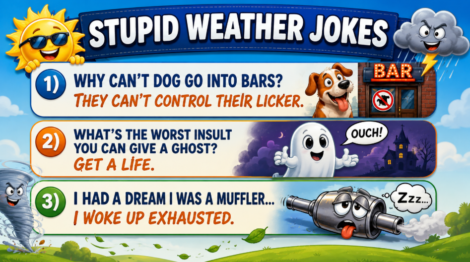 Colorful poster titled 'Stupid Weather Jokes' showing three joke panels with cartoon characters (dog, ghost, muffler) on a bright blue background, sunny scene.