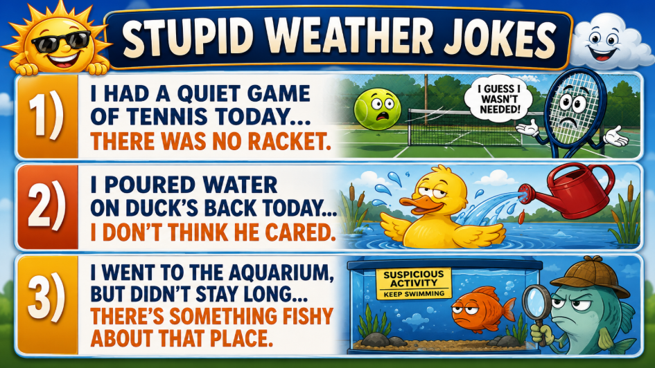 jokes - Extol Media Bright comic banner reading 'STUPID WEATHER JOKES' featuring three jokes: 1) I had a quiet game of tennis today—there was no racket. 2) I poured water on a duck’s back today— I don’t think he cared. 3) I went to the aquarium, but didn’t stay long— there’s something fishy about that place.