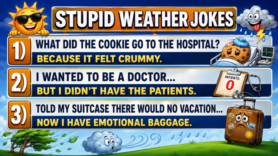 jokes - Extol Media Bright, kid-friendly weather-jokes banner showing three pun lines about a crummy cookie, a doctor, and emotional baggage in a colorful infographic style.