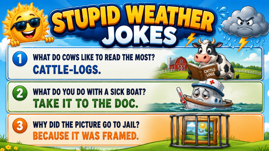 Bright comic-style banner for Stupid Weather Jokes with sun wearing sunglasses, rain cloud, and three joke panels on a farm and harbor backdrop.