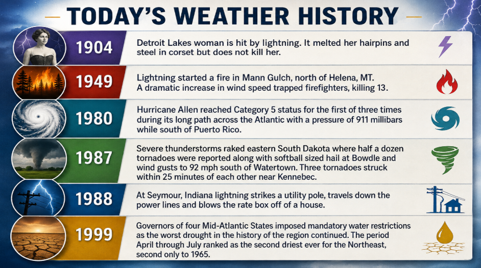 Infographic titled Today's Weather History listing notable weather events by year with corresponding icons for each entry.