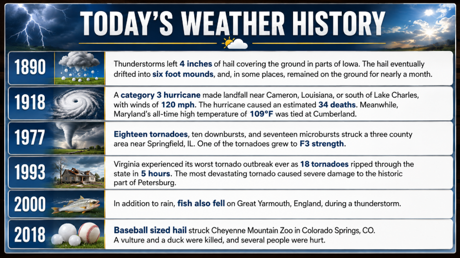 Infographic titled Today's Weather History with storm icons and yearly milestones in a vertical list from 1890 to 2018