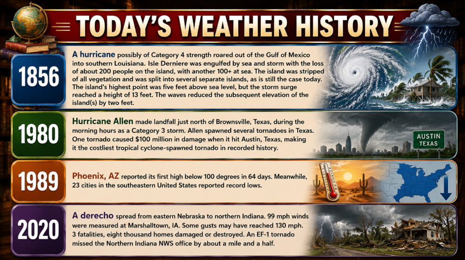 Infographic titled Today’s Weather History showing four events by year: 1856 Gulf hurricane, 1980 Hurricane Allen in Texas, 1989 Phoenix heat/drought, and 2020 derecho in Indiana/Nebraska region with related icons.