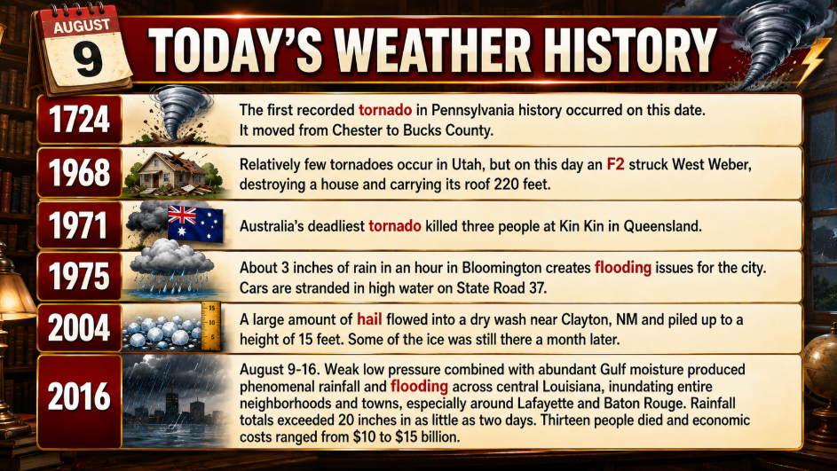 wxhistory - Extol Media Infographic titled Today's Weather History showing notable events by year: 1724 tornado, 1968 tornado, 1971 Australia tornado, 1975 flooding, 2004 hail/wash, 2016 Gulf weather events and damages.