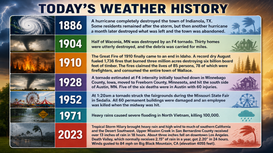 Infographic titled Today's Weather History listing notable storms by year: 1886 Texas hurricane, 1904 Minnesota tornado debris, 1910 Great Fire in Idaho, 1928 tornado in Winnebago County, 1952 Missouri State Fair flood, 1971 floods in North Vietnam, 2023 Tropical Storm Hilary in Southern California with high rainfall and winds.